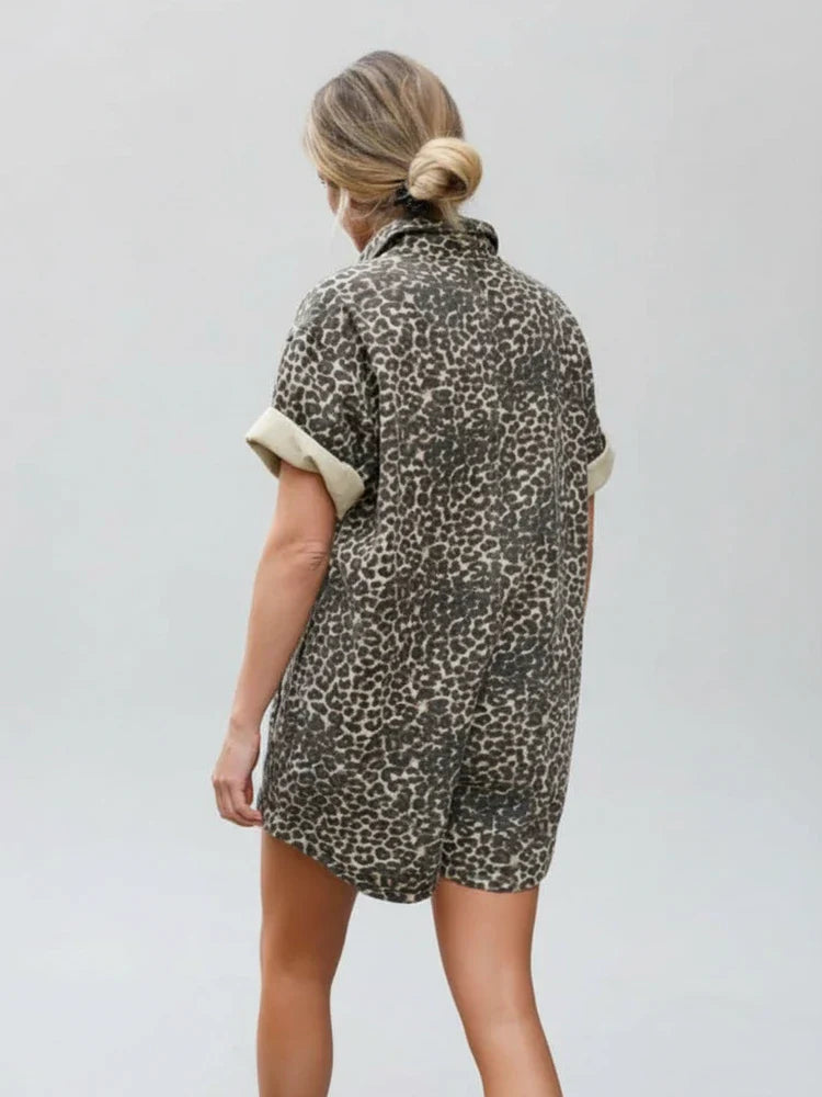 Isla | Women's Leopard Print Shirt Dress Cream Short Sleeve