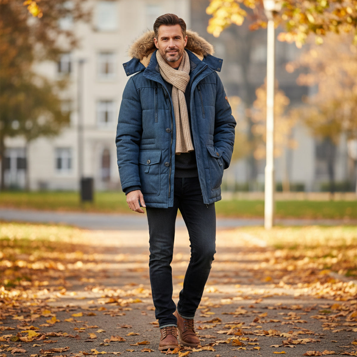 Jude | Men's Puffer Jacket Beige Faux Fur Hood Fleece Lined