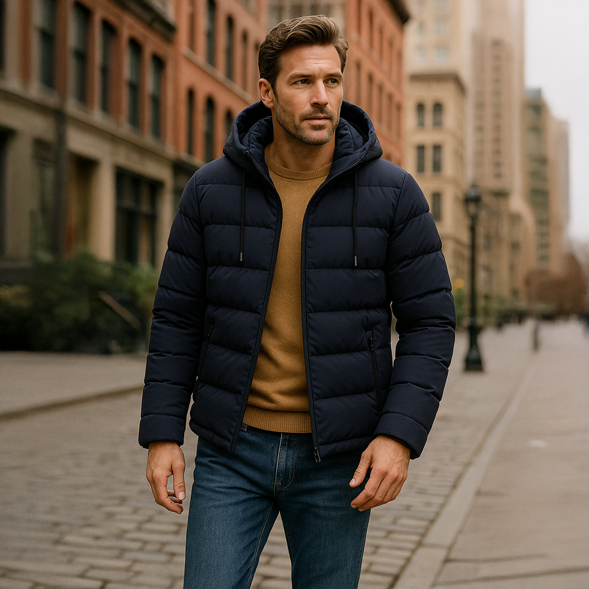 Bram | Men's Puffer Jacket Navy Hooded Quilted Winter Coat
