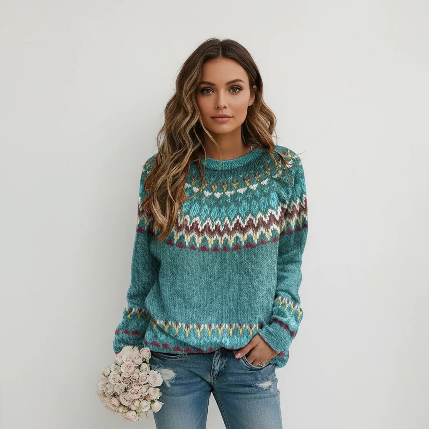 Thea | Women's Fair Isle Knit Sweater Teal Crew Neck