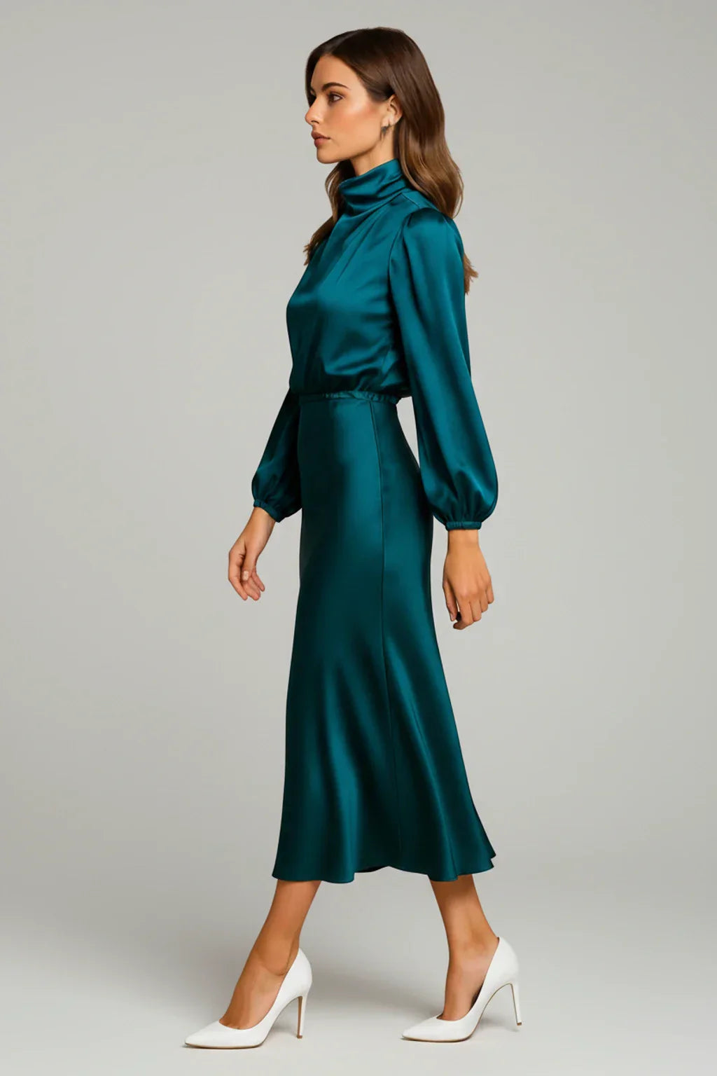 Alma | Women's Satin Midi Dress Long Sleeve Cream