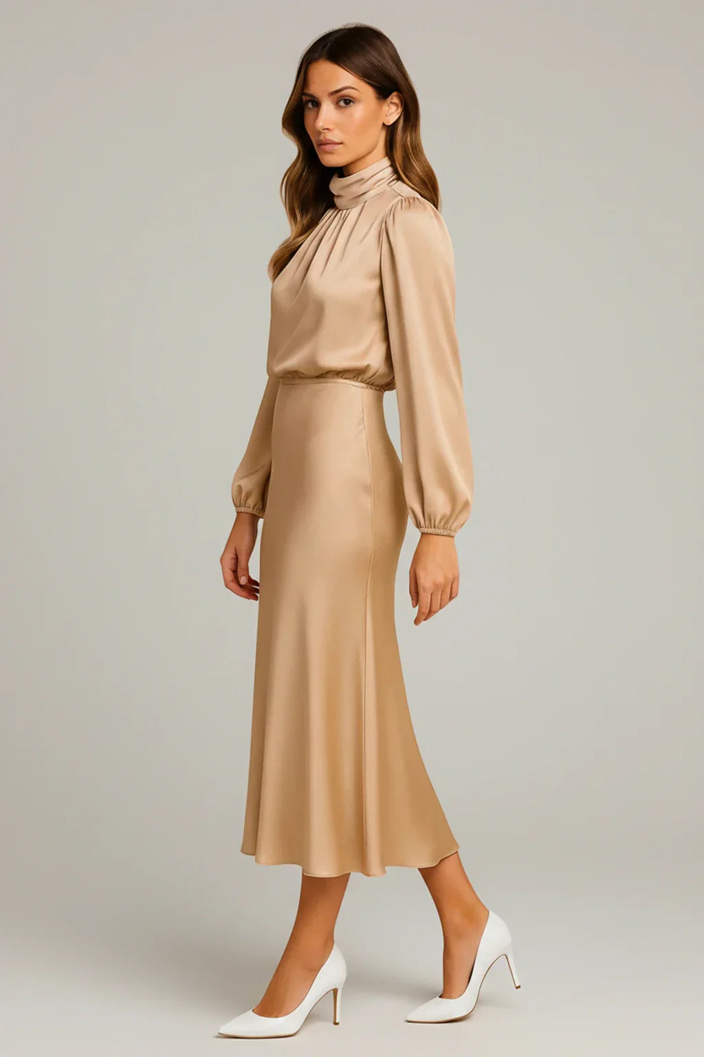 Alma | Women's Satin Midi Dress Long Sleeve Cream