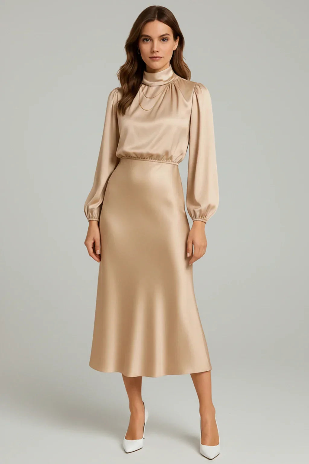 Alma | Women's Satin Midi Dress Long Sleeve Cream