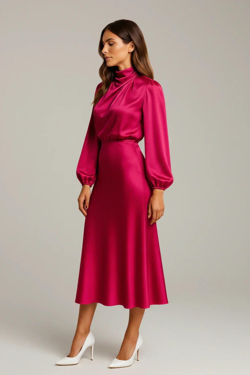 Alma | Women's Satin Midi Dress Long Sleeve Cream