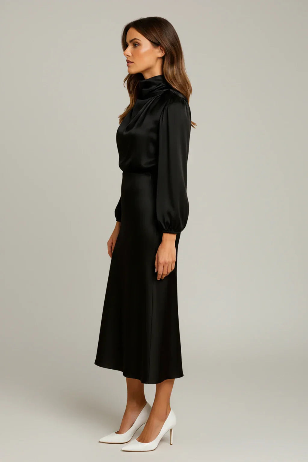 Alma | Women's Satin Midi Dress Long Sleeve Cream