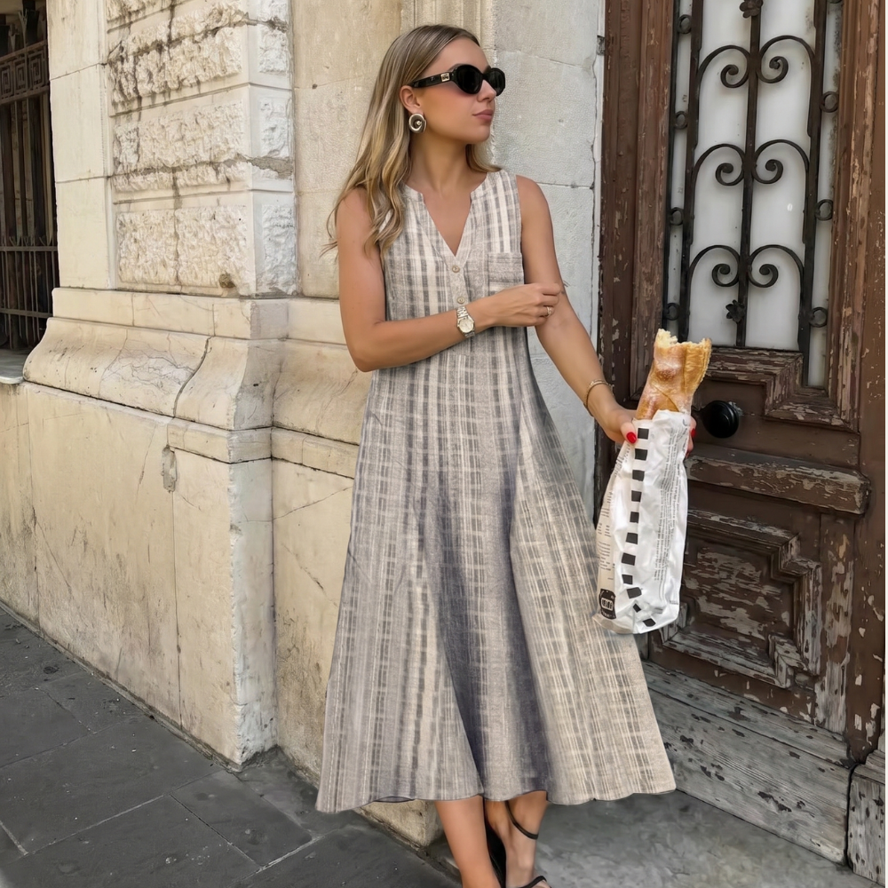 Luisa | Women's Linen Striped Midi Dress Cream Button Front