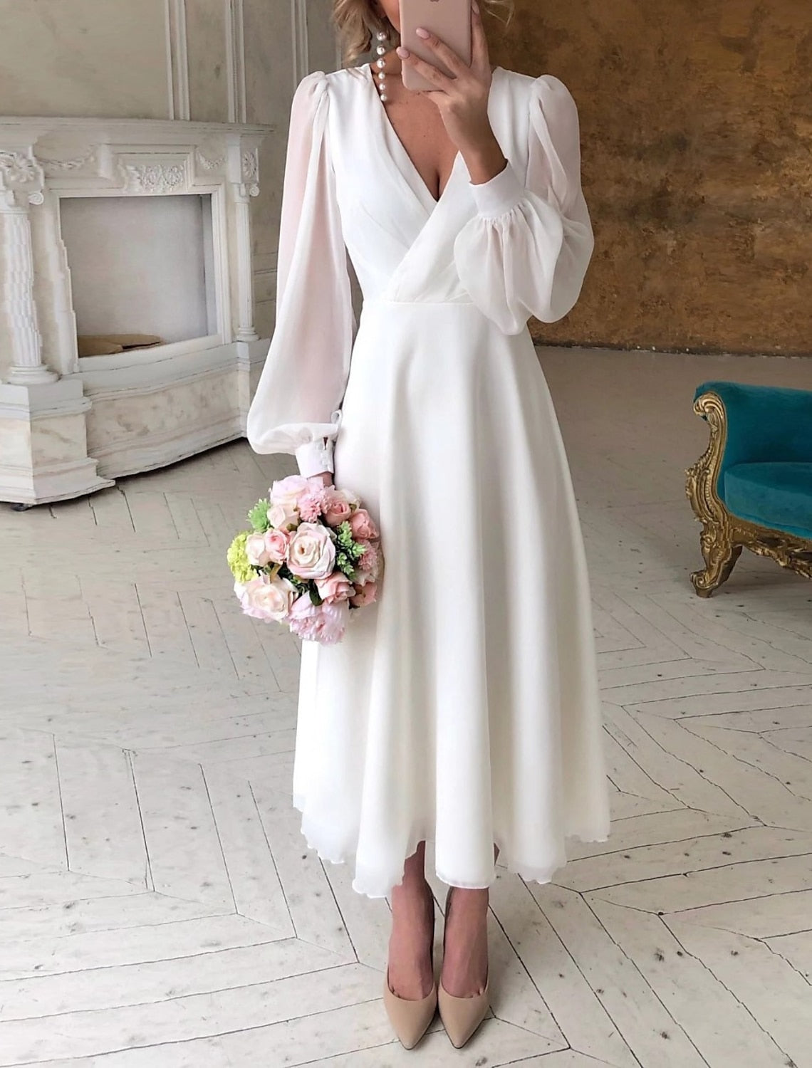 Elowen | Women's Wrap Midi Dress Cream Puff Sleeve