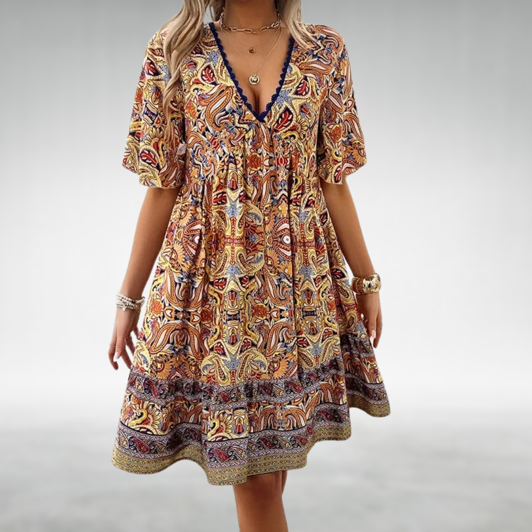 Lola | Women's Boho Floral Midi Dress Green Yellow