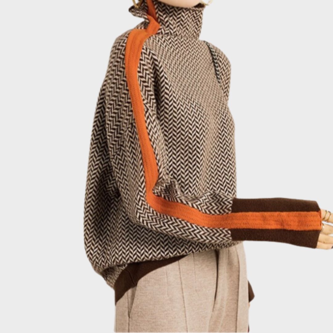 Maren | Women's Herringbone Knit Sweater Brown Orange Trim