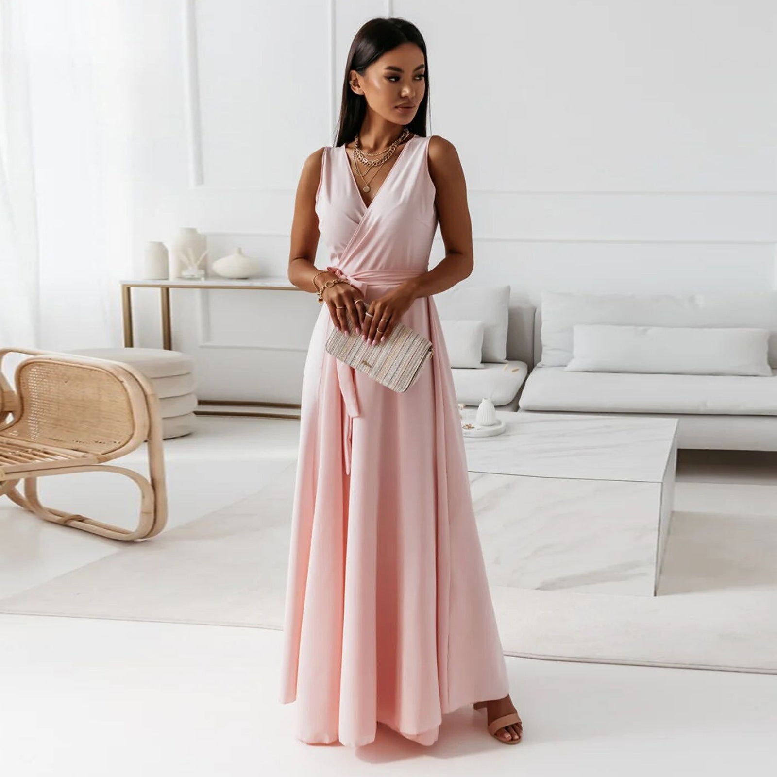 Ada | Women's Wrap Maxi Dress Pink V Neck Sleeveless
