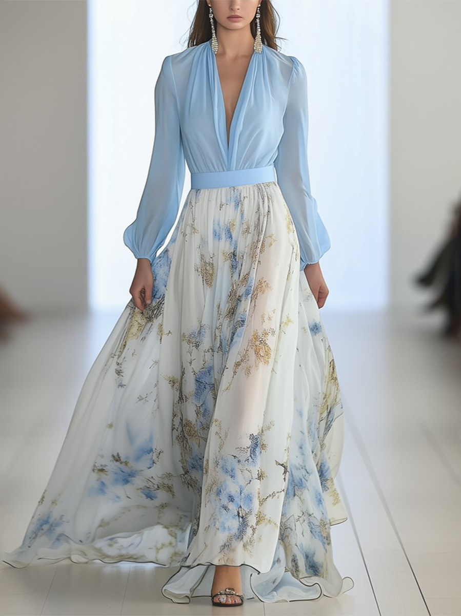 Elise | Women's Floral Maxi Dress Light Blue Long Sleeve