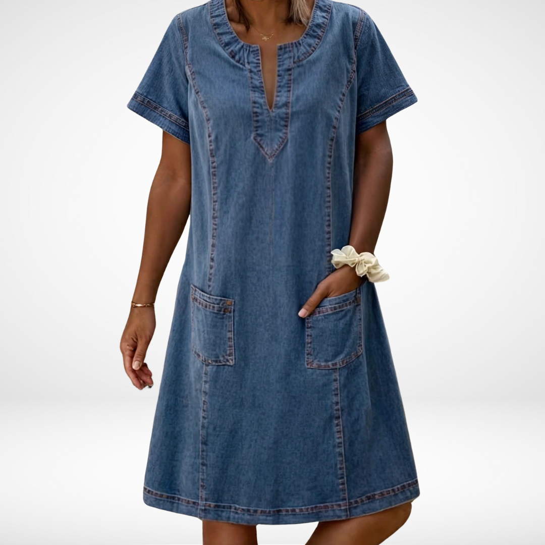Maren | Women's Denim Shirt Dress Light Blue Short Sleeve Pockets