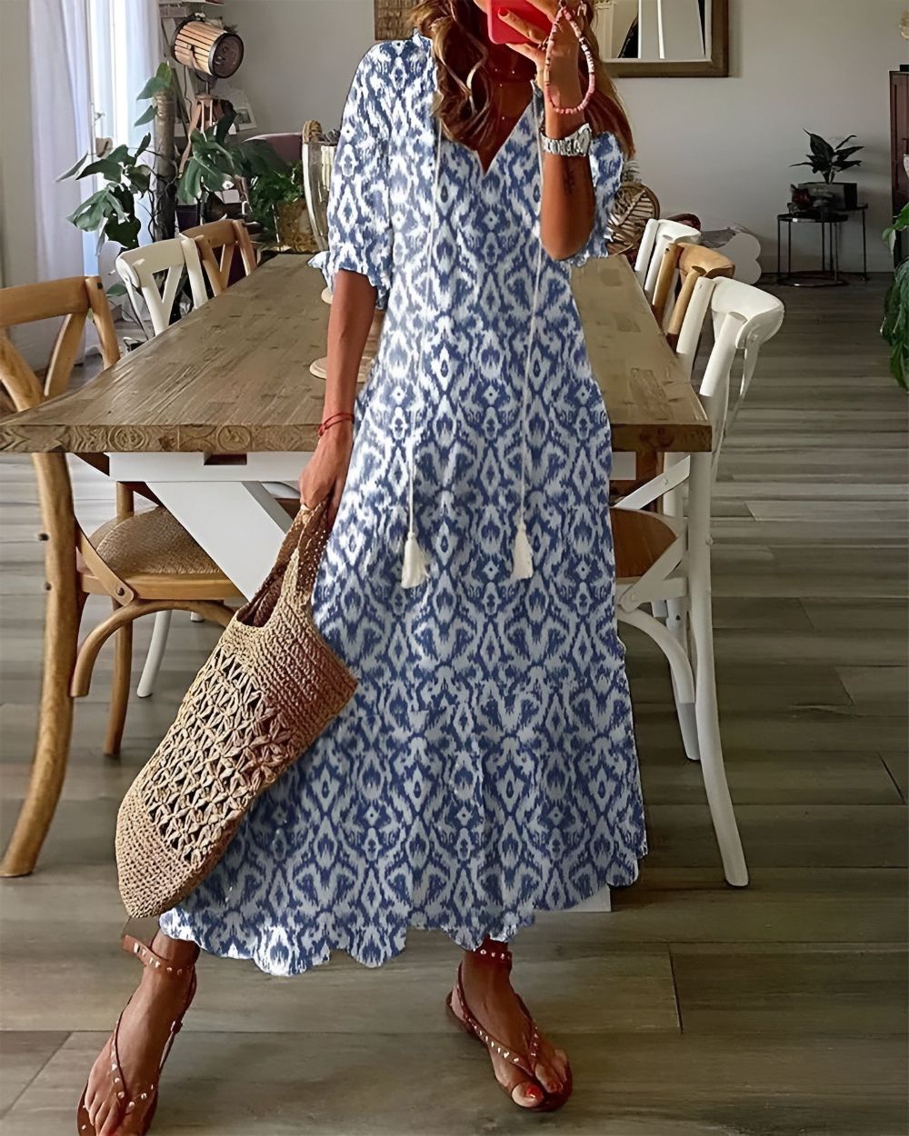 Nina | Women's Boho Ikat Maxi Dress Blue White
