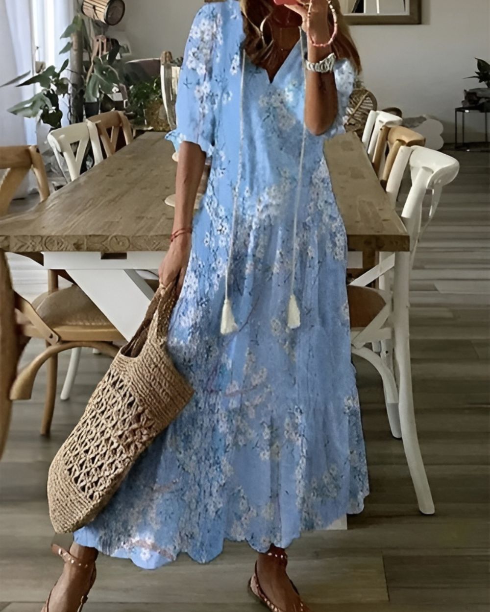 Nina | Women's Boho Ikat Maxi Dress Blue White