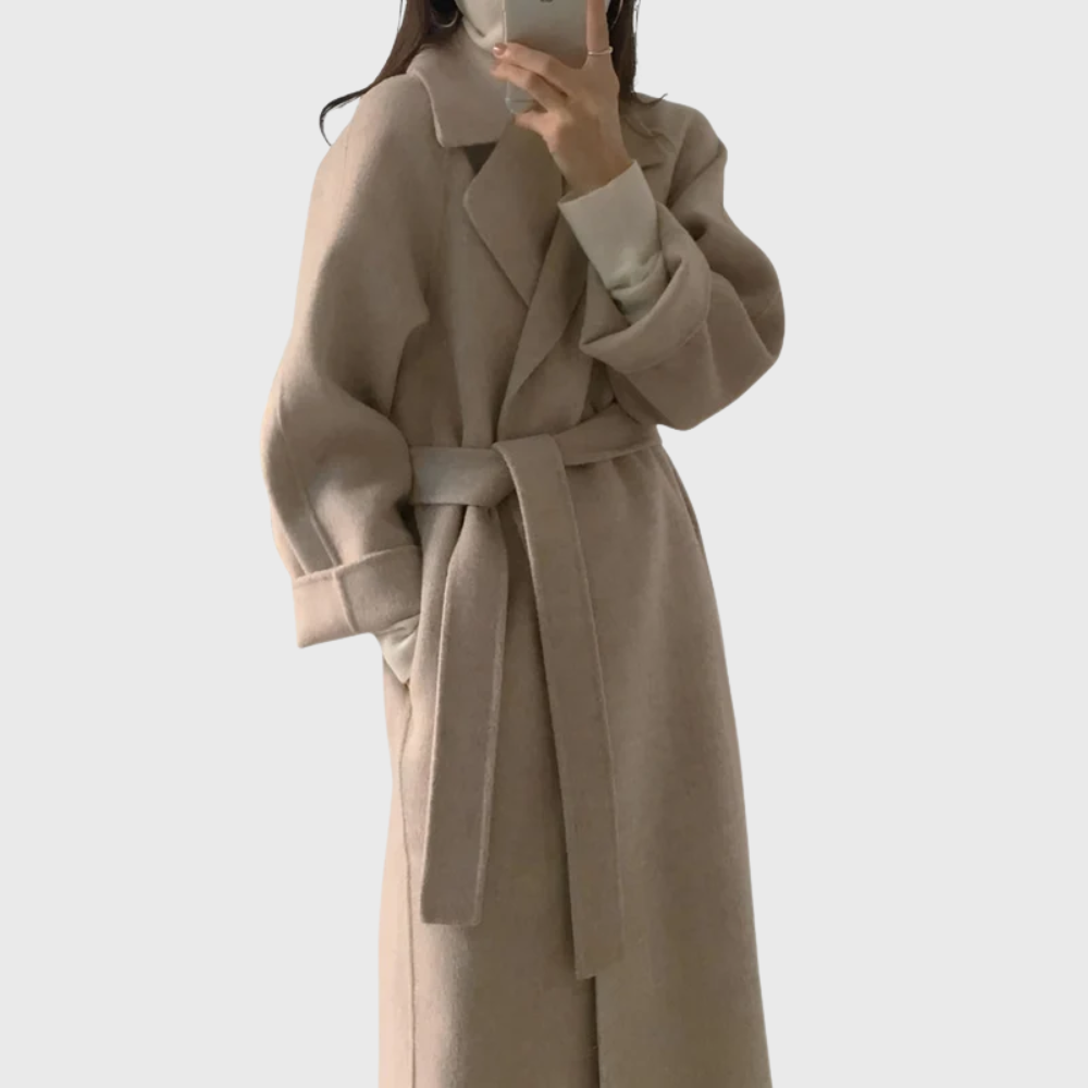 Lena | Women's Wool Coat Brown Belted Long Sleeve