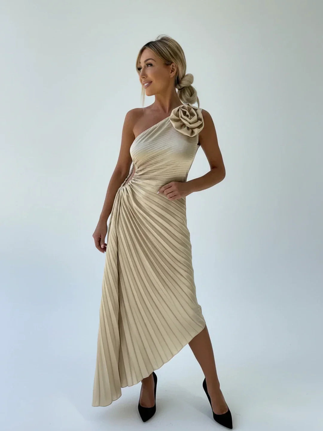 Margot | Women's One Shoulder Satin Midi Dress Burgundy Ruched