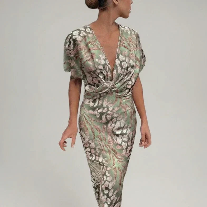 Ines | Women's Floral Midi Dress Wrap V Neck Short Sleeve