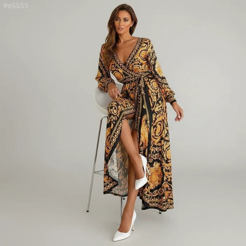 Lola | Women's Wrap Maxi Dress Gold Black Baroque Print