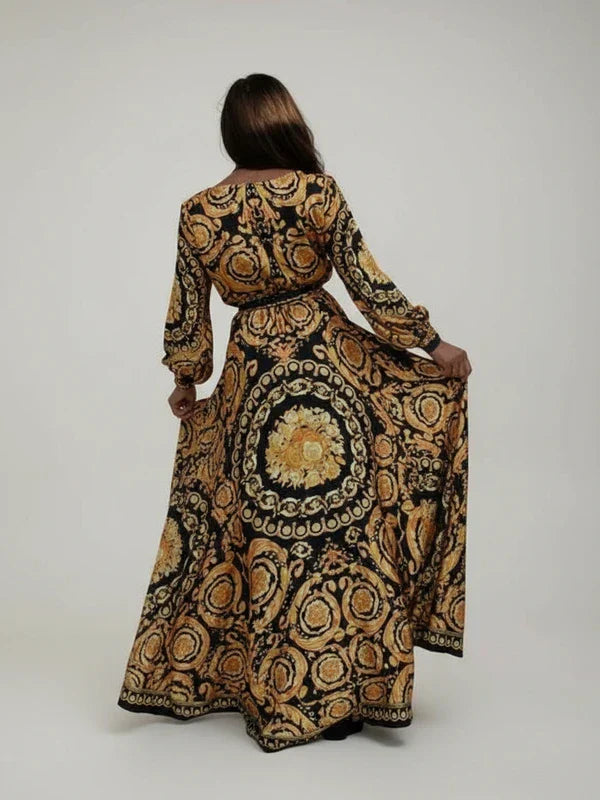 Lola | Women's Wrap Maxi Dress Gold Black Baroque Print