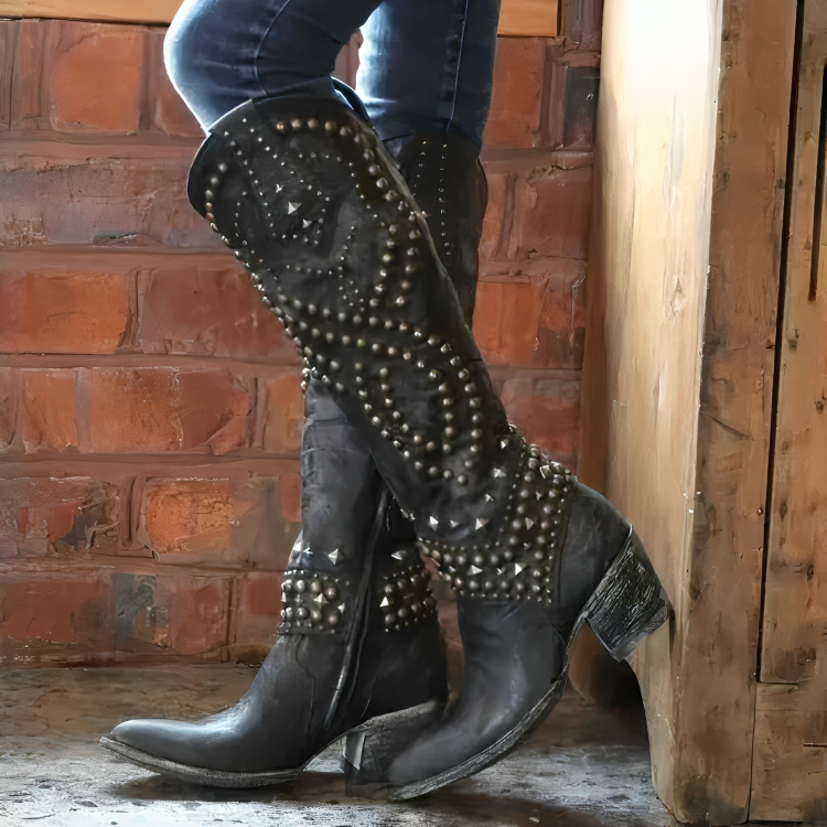 Aria | Women's Studded Cowboy Boots Purple Leather Knee High