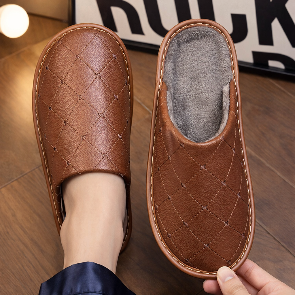 Beau | Men's Quilted Slippers Black Leather Warm Indoor House Shoes