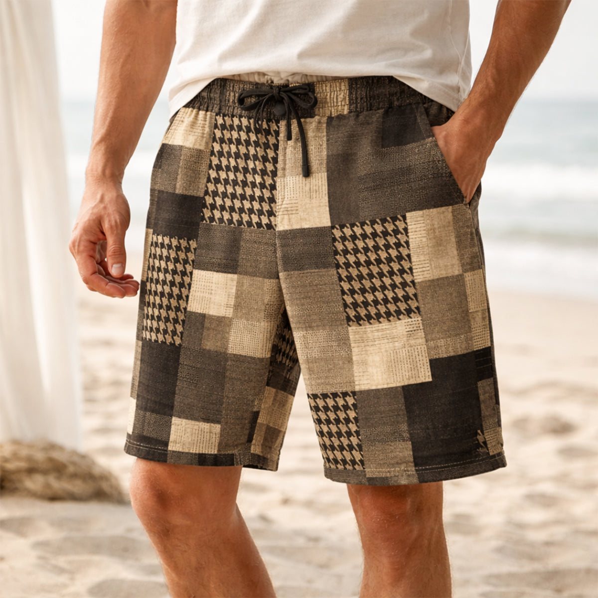 Kai | Men's Houndstooth Plaid Shorts Black White Casual