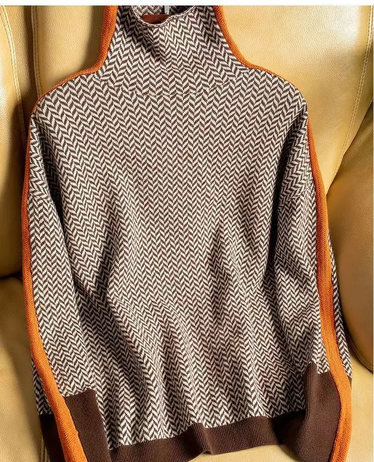 Maren | Women's Herringbone Knit Sweater Brown Orange Trim
