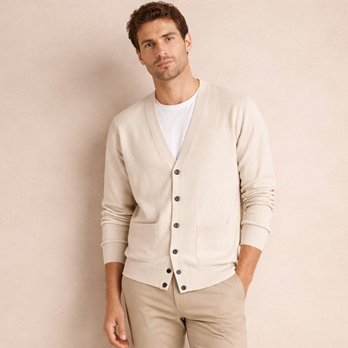 Jude | Men's Cashmere Cardigan Taupe V Neck Button Front