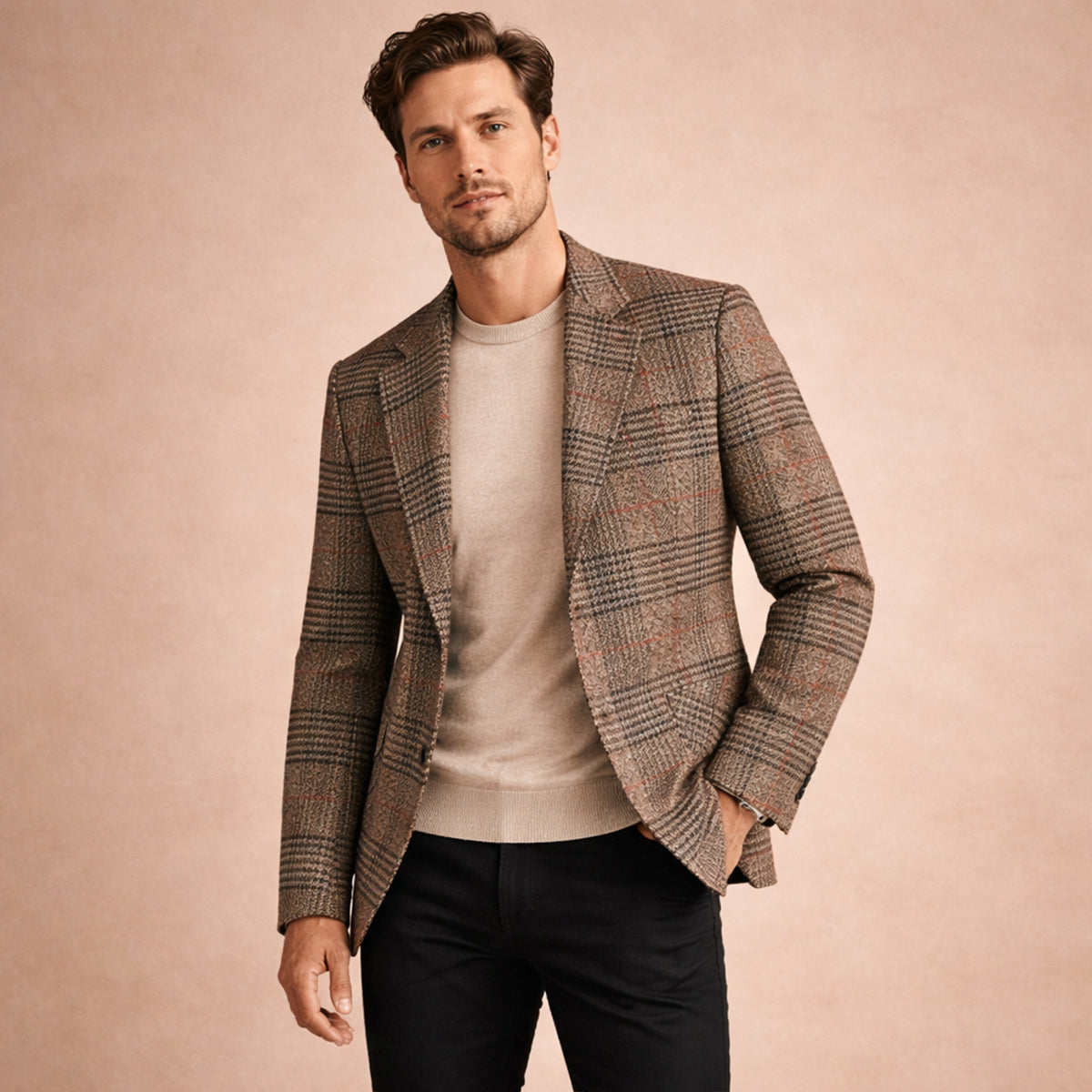 Beau | Men's Check Tweed Blazer Brown Houndstooth Fitted