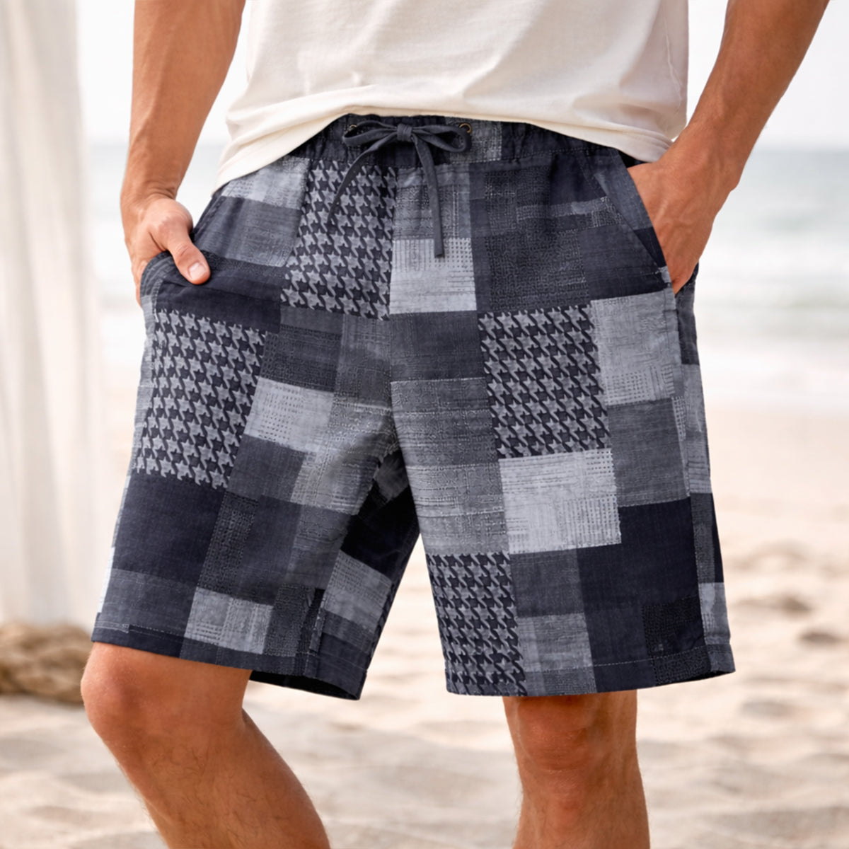 Kai | Men's Houndstooth Plaid Shorts Black White Casual
