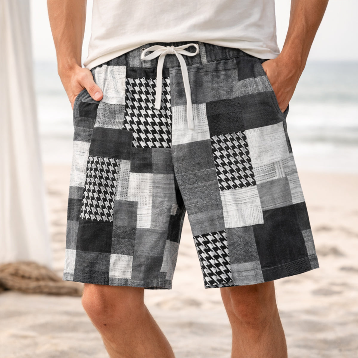 Kai | Men's Houndstooth Plaid Shorts Black White Casual