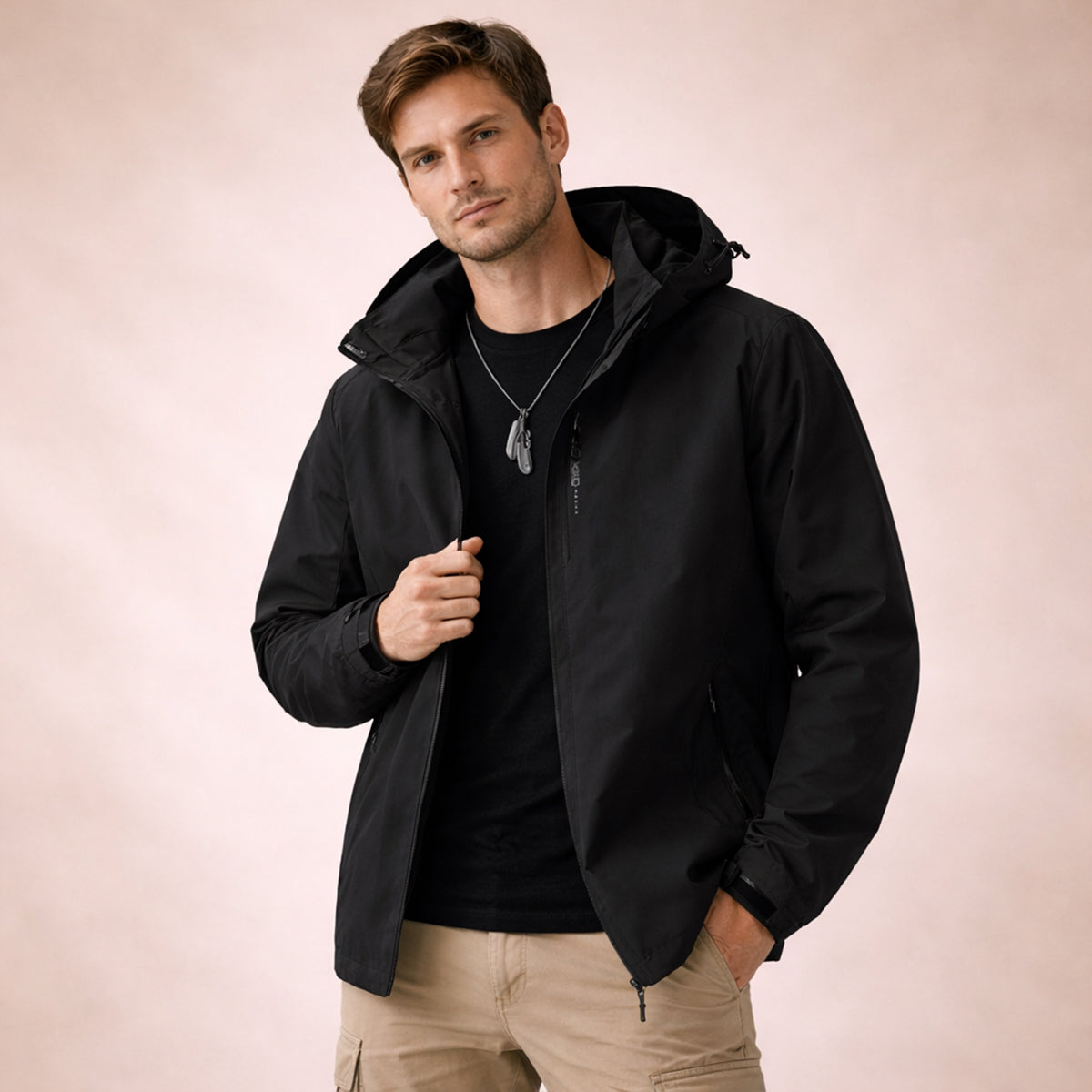 Mia | Men's Waterproof Rain Jacket Black Hooded Windproof