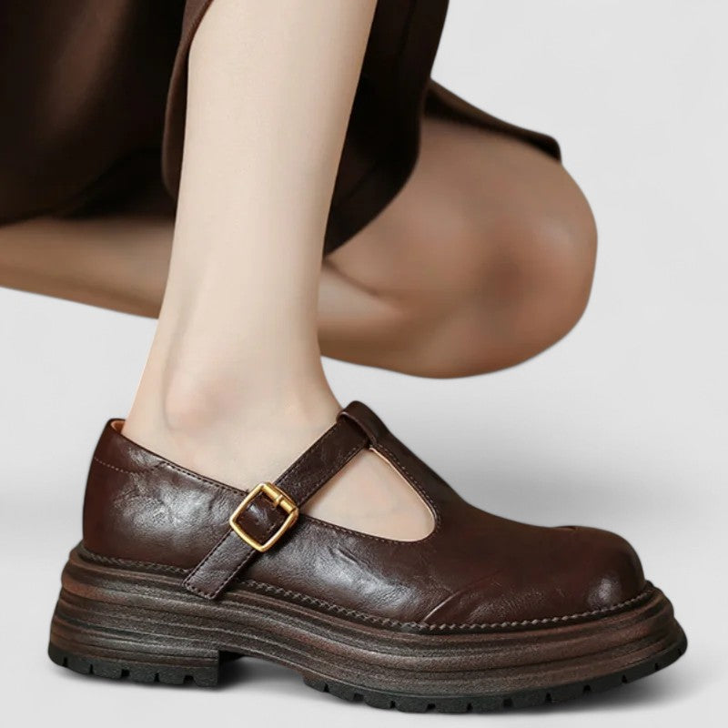 Vera | Women's Mary Jane Loafer Brown Leather T Strap