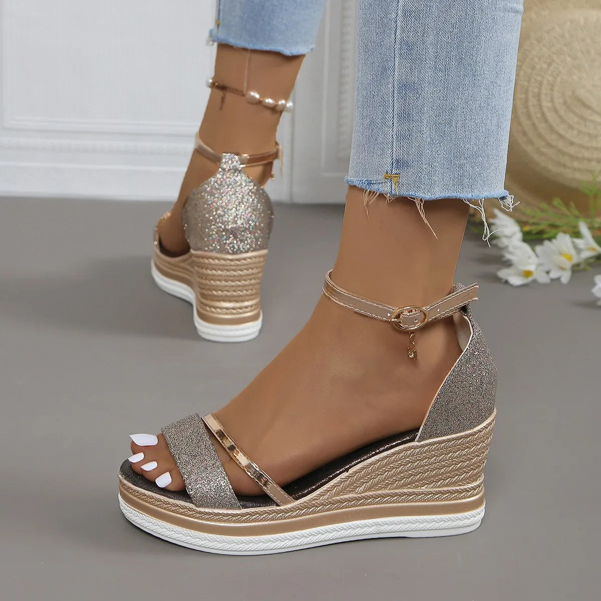 Alma | Women's Glitter Wedge Sandals Ankle Strap Tan