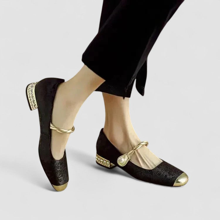 Vera | Women's Mary Jane Flats Green Velvet Gold Buckle