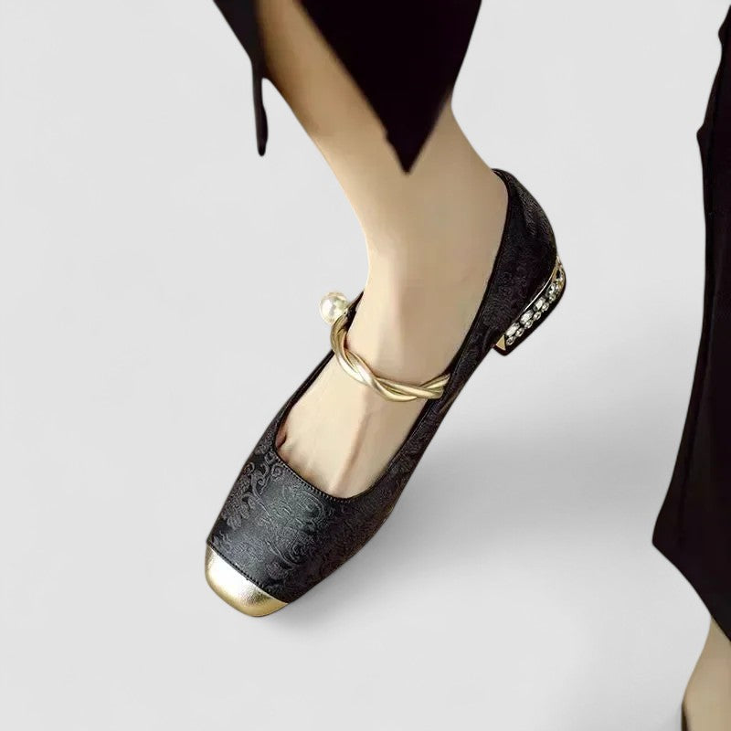 Vera | Women's Mary Jane Flats Green Velvet Gold Buckle