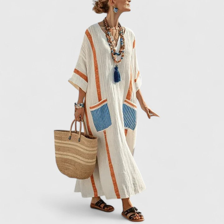 Alma | Women's Linen Maxi Dress Sage Boho Striped