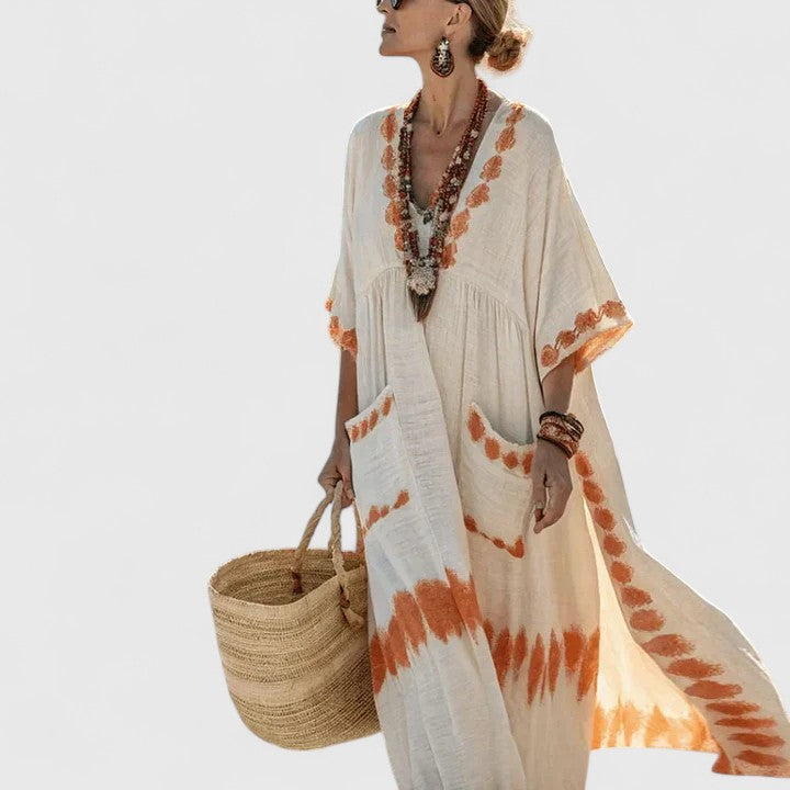 Alma | Women's Linen Maxi Dress Sage Boho Striped