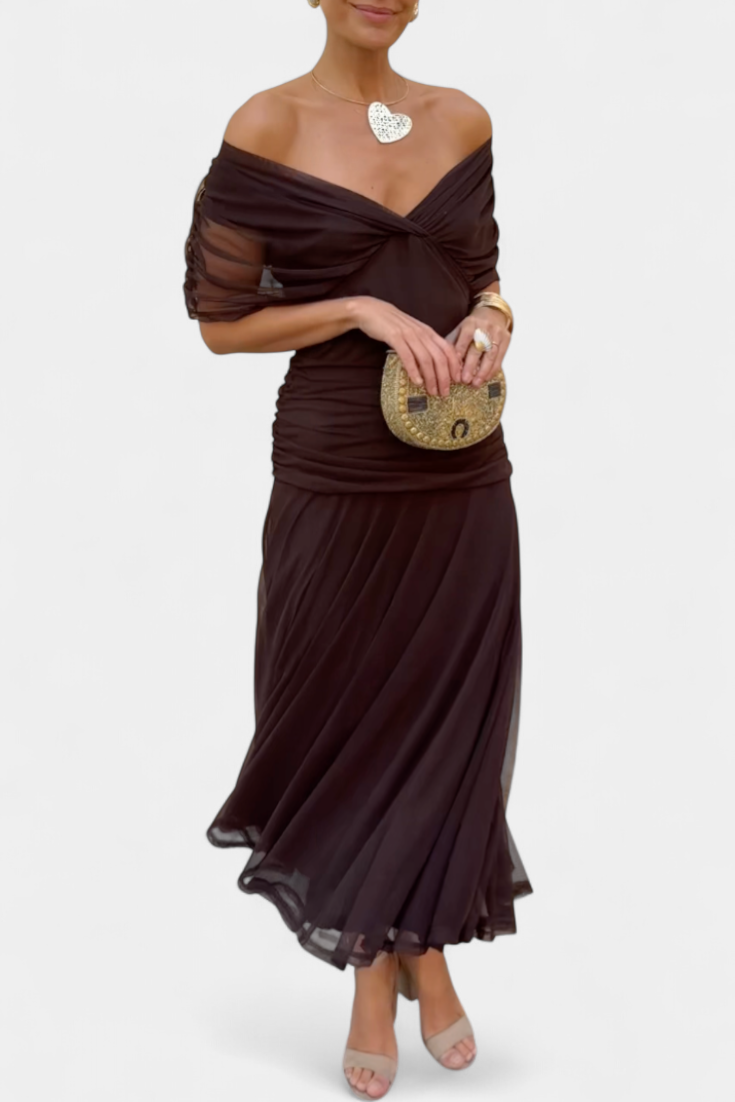 Vera | Women's Off Shoulder Ruched Midi Dress Brown