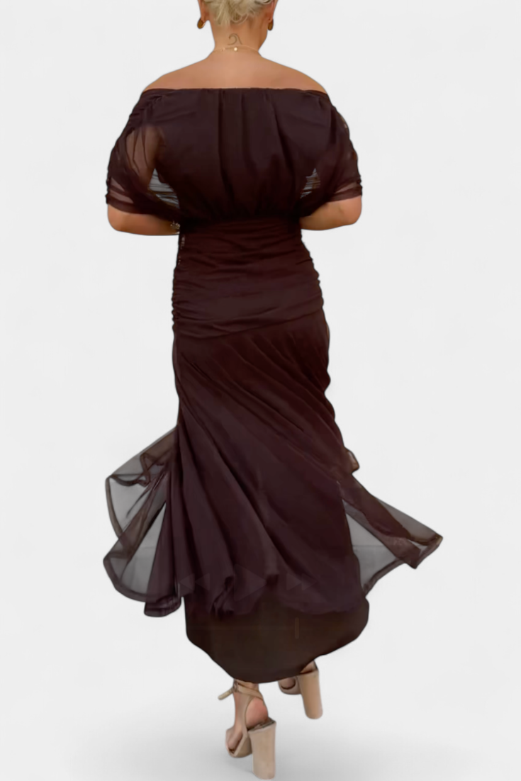 Vera | Women's Off Shoulder Ruched Midi Dress Brown