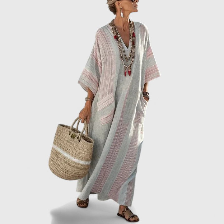 Alma | Women's Linen Maxi Dress Sage Boho Striped