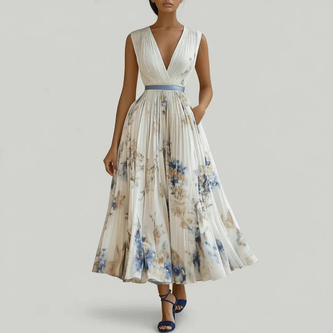 Viola | Women's Floral Midi Dress Pleated Cream Blue