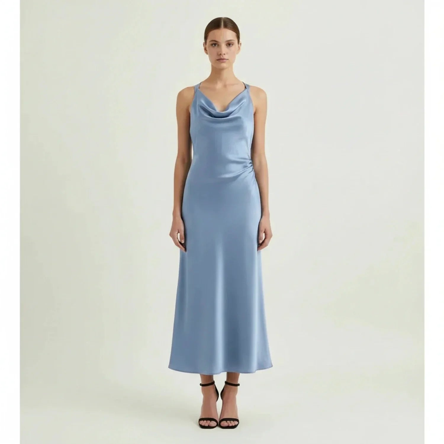 Alma | Women's Satin Maxi Dress Cowl Neck Blue
