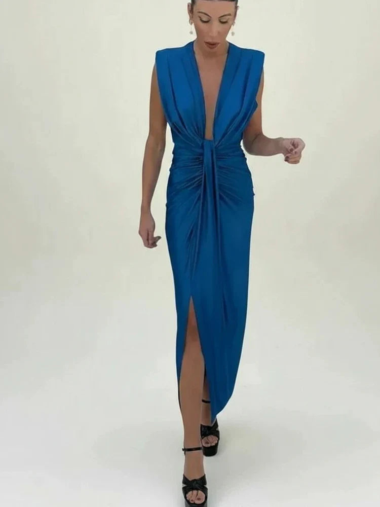 Isla | Women's Ruched Midi Dress Orange Deep V Neck