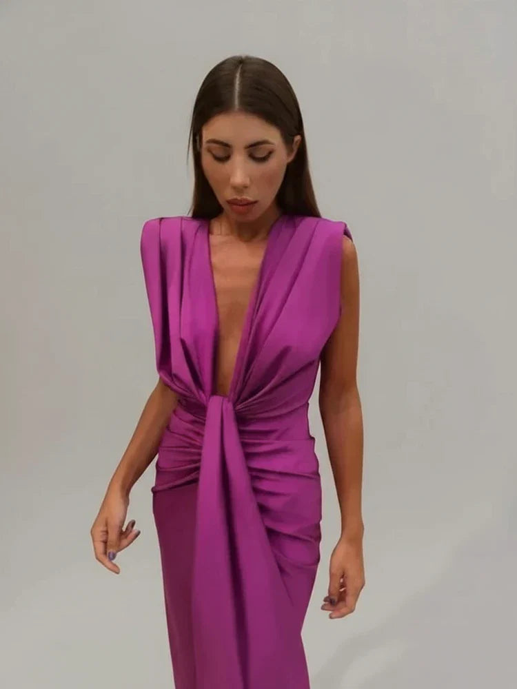 Isla | Women's Ruched Midi Dress Orange Deep V Neck