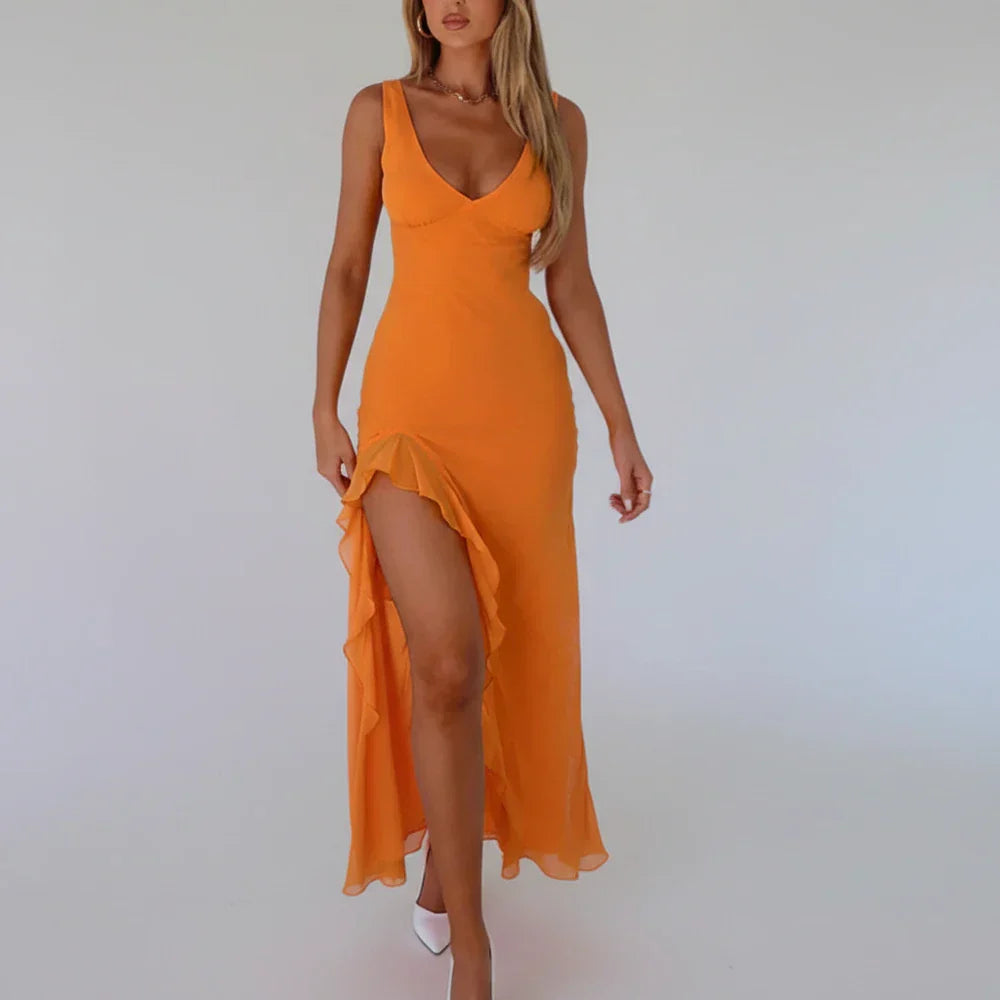 Celine | Women's Asymmetric Ruffle Yellow Slip Dress V Neck