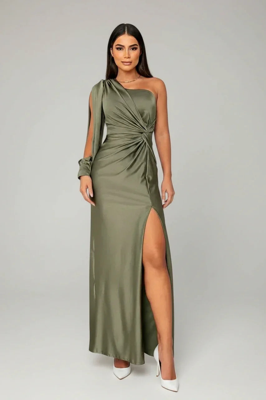 Fleur | Women's One Shoulder Satin Midi Dress Teal Ruched