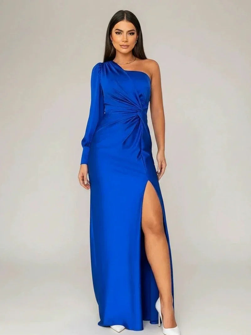 Fleur | Women's One Shoulder Satin Midi Dress Teal Ruched