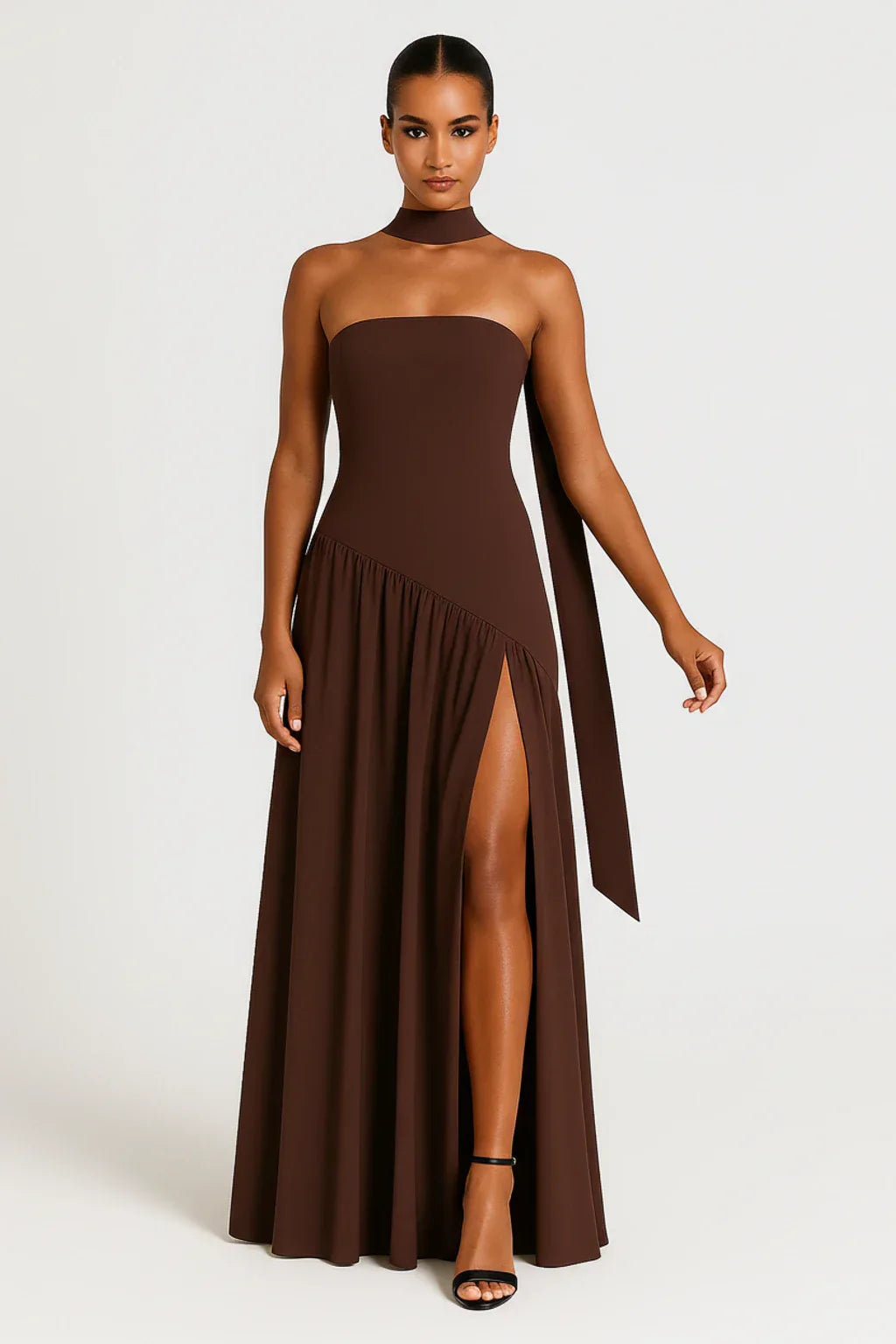 Lyra | Women's Strapless Maxi Dress Yellow Slit High Slit