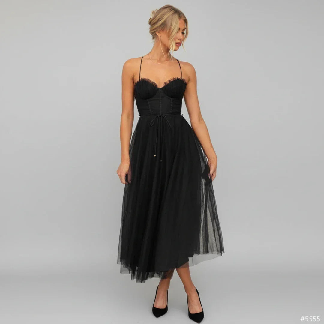 Isla | Women's Tulle Midi Dress Black Sweetheart Neckline